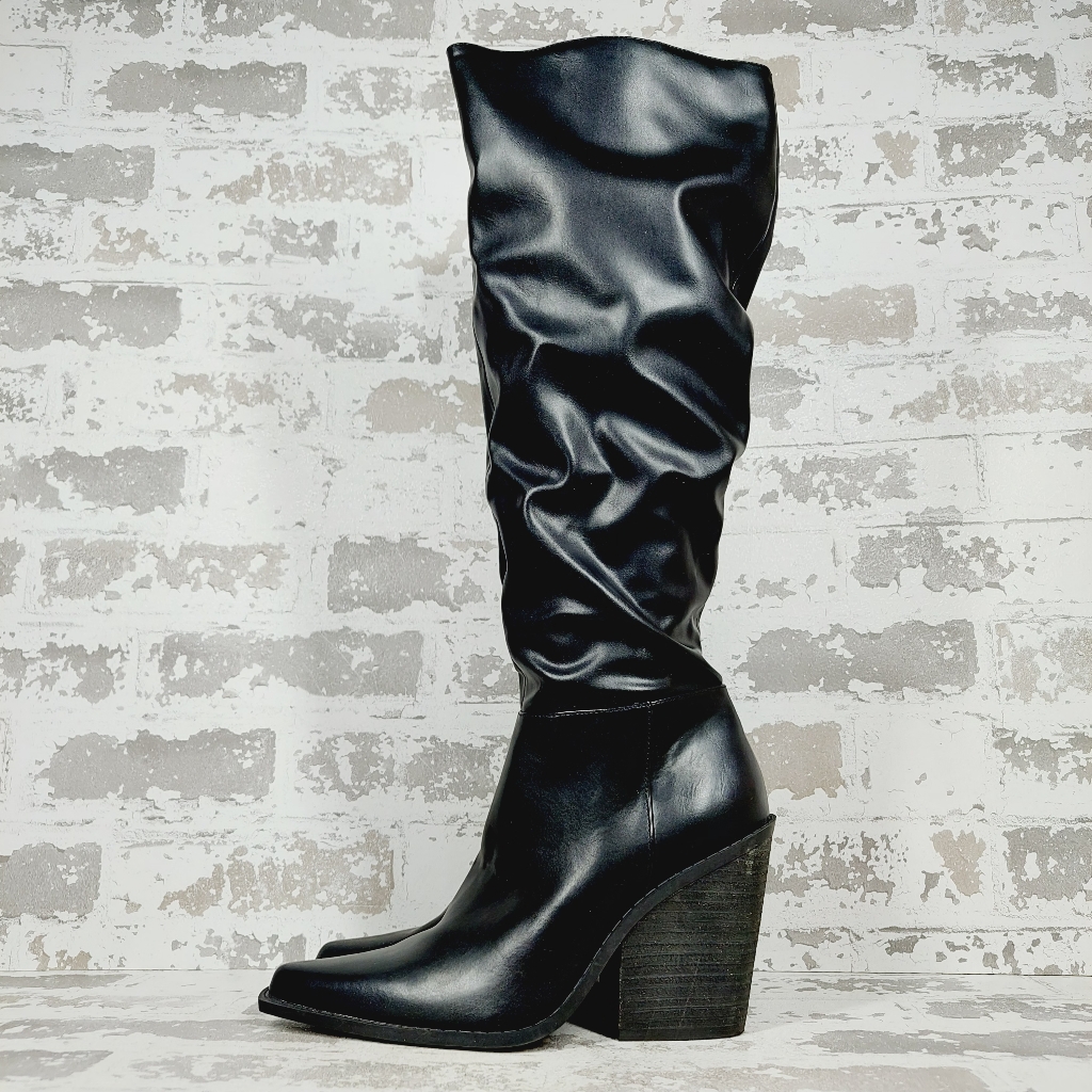 New Charles By Charles David In Black Faux Leather Block Heeled Boots B533